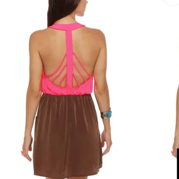 Lulu's Neon /Brown Strappy back Mini Dress - Picture 1 of 6